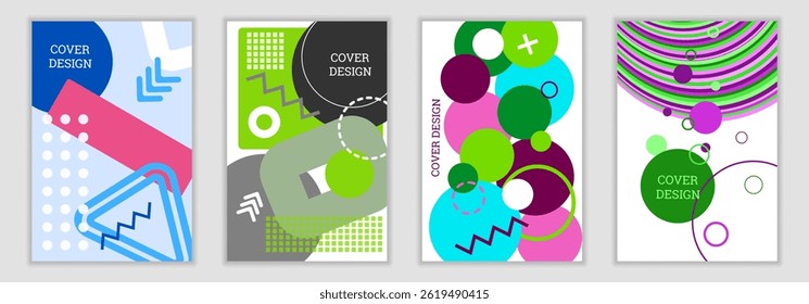 Bright background in Memphis style. Set of geometric cover designs. Fashionable bright cover, banner, poster, booklet. Bright colors. Vector