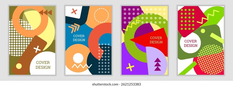 Bright background in Memphis style. Set of geometric cover designs. Fashionable bright cover, banner, poster, booklet. Bright colors. Vector