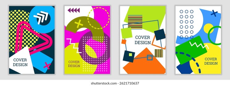 Bright background in Memphis style. Set of geometric cover designs. Fashionable bright cover, banner, poster, booklet. Bright colors. Vector