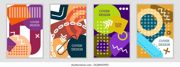 Bright background in Memphis style. Set of geometric cover designs. Fashionable bright cover, banner, poster, booklet. Bright colors. Vector