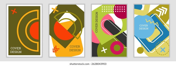 Fondo brillante en el estilo de Memphis. Conjunto de diseños de portada geométrica. Cubierta brillante de moda, Anuncio, cartel, folleto. Colores brillantes. Vector
