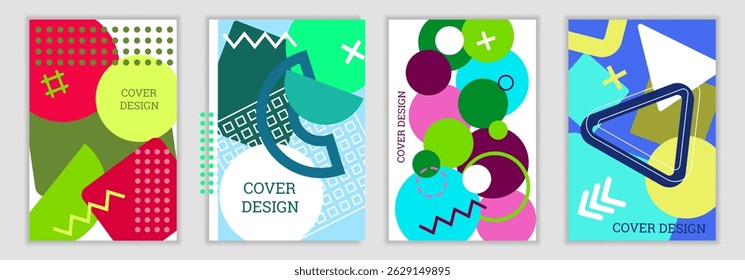 Fundo brilhante no estilo Memphis. Conjunto de designs de cobertura geométrica. Capa brilhante na moda, faixa, cartaz, livreto. Cores brilhantes. Vetor