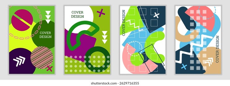 Bright background in Memphis style. Set of geometric cover designs. Fashionable bright cover, banner, poster, booklet. Bright colors. Vector