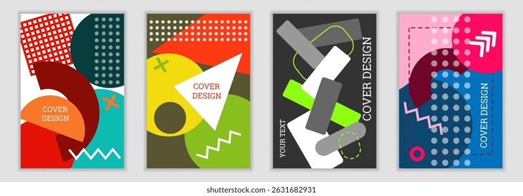 Fondo brillante en el estilo de Memphis. Conjunto de diseños de portada geométrica. Cubierta brillante de moda, Anuncio, cartel, folleto. Colores brillantes. Vector