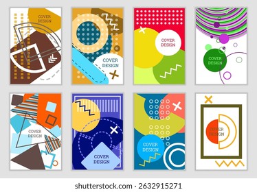Fondo brillante en el estilo de Memphis. Conjunto de diseños de portada geométrica. Cubierta brillante de moda, Anuncio, cartel, folleto. Colores brillantes. Vector