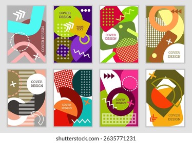 Bright background in Memphis style. Set of geometric cover designs. Fashionable bright cover, banner, poster, booklet. Bright colors. Vector