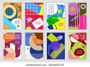 Bright background in Memphis style. Set of geometric cover designs. Fashionable bright cover, banner, poster, booklet. Bright colors. Vector