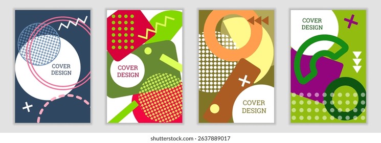 Bright background in Memphis style. Set of geometric cover designs. Fashionable bright cover, banner, poster, booklet. Bright colors. Vector