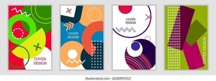 Bright background in Memphis style. Set of geometric cover designs. Fashionable bright cover, banner, poster, booklet. Bright colors. Vector
