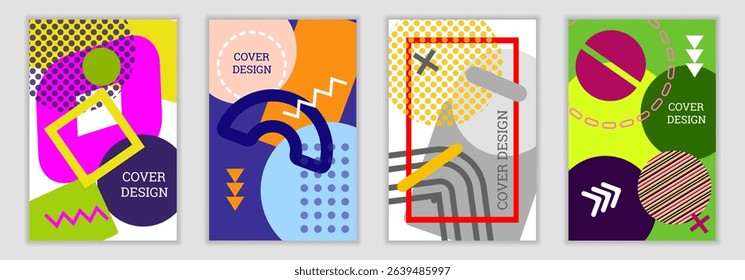 Bright background in Memphis style. Set of geometric cover designs. Fashionable bright cover, banner, poster, booklet. Bright colors. Vector