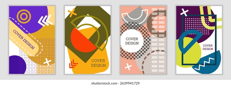 Bright background in Memphis style. Set of geometric cover designs. Fashionable bright cover, banner, poster, booklet. Bright colors. Vector
