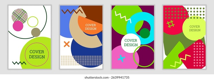 Bright background in Memphis style. Set of geometric cover designs. Fashionable bright cover, banner, poster, booklet. Bright colors. Vector