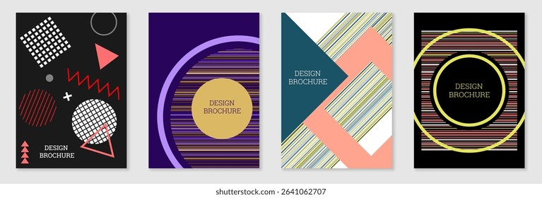 Bright background in Memphis style. Set of geometric cover designs. Fashionable bright cover, banner, poster, booklet. Bright colors. Vector