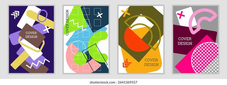 Bright background in Memphis style. Set of geometric cover designs. Fashionable bright cover, banner, poster, booklet. Bright colors. Vector