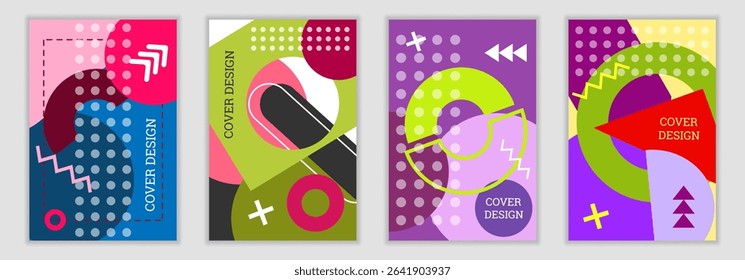 Bright background in Memphis style. Set of geometric cover designs. Fashionable bright cover, banner, poster, booklet. Bright colors. Vector