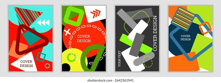 Heller Hintergrund im Memphis-Stil. Satz von geometrischen Abdeckungsdesigns. Modische helle Abdeckung, Banner, Poster, Broschüre. Helle Farben. Vektorgrafik
