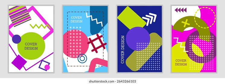 Fundo brilhante no estilo Memphis. Conjunto de designs de cobertura geométrica. Capa brilhante na moda, faixa, cartaz, livreto. Cores brilhantes. Vetor