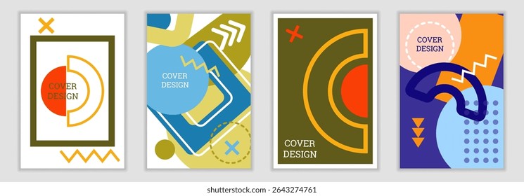 Fundo brilhante no estilo Memphis. Conjunto de designs de cobertura geométrica. Capa brilhante na moda, faixa, cartaz, livreto. Cores brilhantes. Vetor