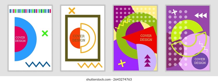Fundo brilhante no estilo Memphis. Conjunto de designs de cobertura geométrica. Capa brilhante na moda, faixa, cartaz, livreto. Cores brilhantes. Vetor