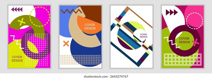 Fondo brillante en el estilo de Memphis. Conjunto de diseños de portada geométrica. Cubierta brillante de moda, Anuncio, cartel, folleto. Colores brillantes. Vector