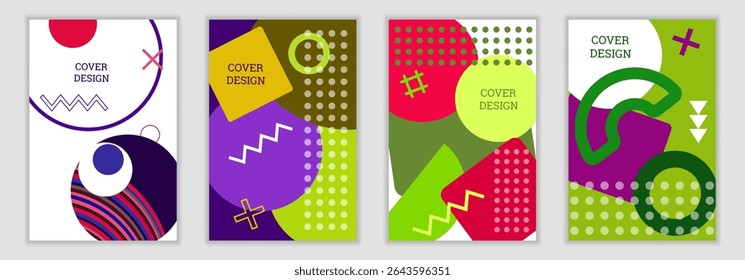Fundo brilhante no estilo Memphis. Conjunto de designs de cobertura geométrica. Capa brilhante na moda, faixa, cartaz, livreto. Cores brilhantes. Vetor