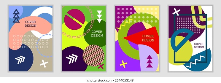 Fondo brillante en el estilo de Memphis. Conjunto de diseños de portada geométrica. Cubierta brillante de moda, Anuncio, cartel, folleto. Colores brillantes. Vector