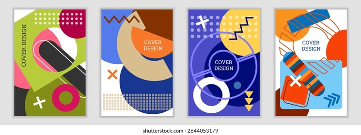 Bright background in Memphis style. Set of geometric cover designs. Fashionable bright cover, banner, poster, booklet. Bright colors. Vector