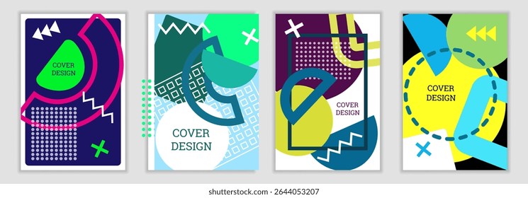 Fundo brilhante no estilo Memphis. Conjunto de designs de cobertura geométrica. Capa brilhante na moda, faixa, cartaz, livreto. Cores brilhantes. Vetor