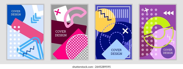 Fondo brillante en el estilo de Memphis. Conjunto de diseños de portada geométrica. Cubierta brillante de moda, Anuncio, cartel, folleto. Colores brillantes. Vector