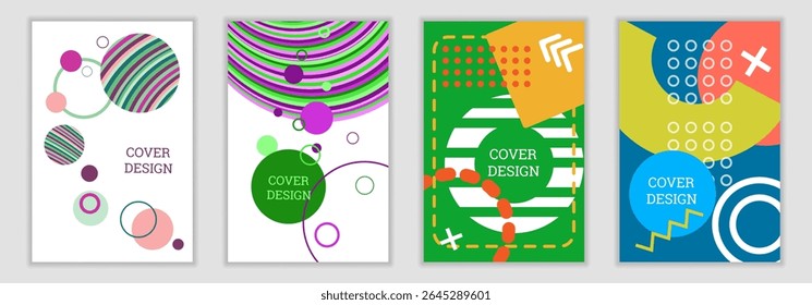 Bright background in Memphis style. Set of geometric cover designs. Fashionable bright cover, banner, poster, booklet. Bright colors. Vector