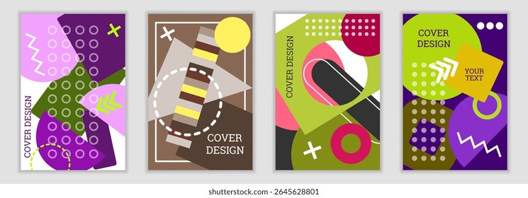 Bright background in Memphis style. Set of geometric cover designs. Fashionable bright cover, banner, poster, booklet. Bright colors. Vector