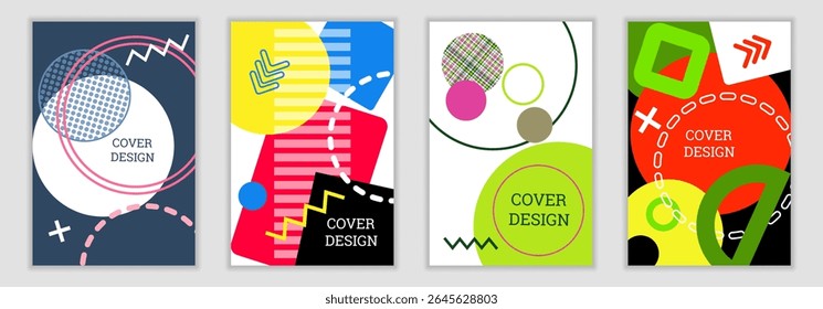Fundo brilhante no estilo Memphis. Conjunto de designs de cobertura geométrica. Capa brilhante na moda, faixa, cartaz, livreto. Cores brilhantes. Vetor