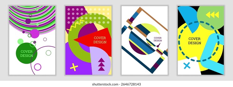 Fondo brillante en el estilo de Memphis. Conjunto de diseños de portada geométrica. Cubierta brillante de moda, Anuncio, cartel, folleto. Colores brillantes. Vector