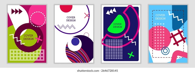 Bright background in Memphis style. Set of geometric cover designs. Fashionable bright cover, banner, poster, booklet. Bright colors. Vector