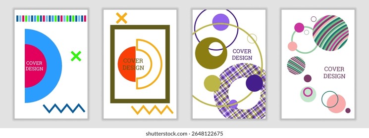 Bright background in Memphis style. Set of geometric cover designs. Fashionable bright cover, banner, poster, booklet. Bright colors. Vector