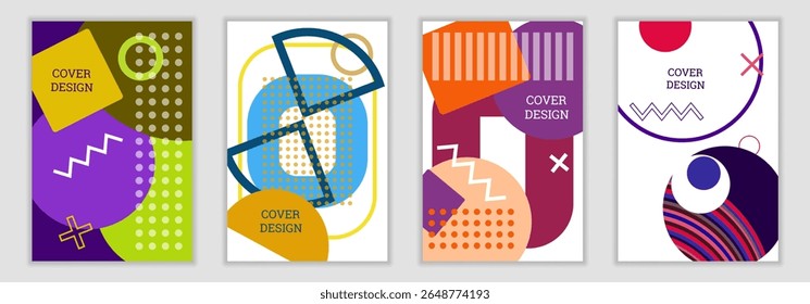 Heller Hintergrund im Memphis-Stil. Satz von geometrischen Abdeckungsdesigns. Modische helle Abdeckung, Banner, Poster, Broschüre. Helle Farben. Vektorgrafik