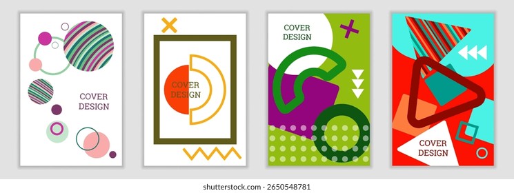 Bright background in Memphis style. Set of geometric cover designs. Fashionable bright cover, banner, poster, booklet. Bright colors. Vector