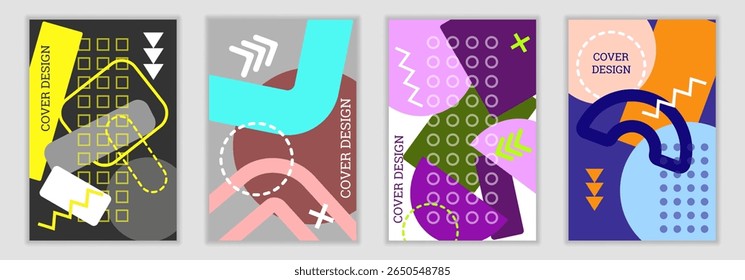 Bright background in Memphis style. Set of geometric cover designs. Fashionable bright cover, banner, poster, booklet. Bright colors. Vector