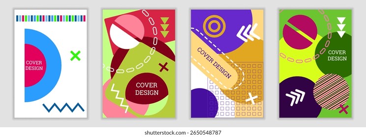 Fundo brilhante no estilo Memphis. Conjunto de designs de cobertura geométrica. Capa brilhante na moda, faixa, cartaz, livreto. Cores brilhantes. Vetor