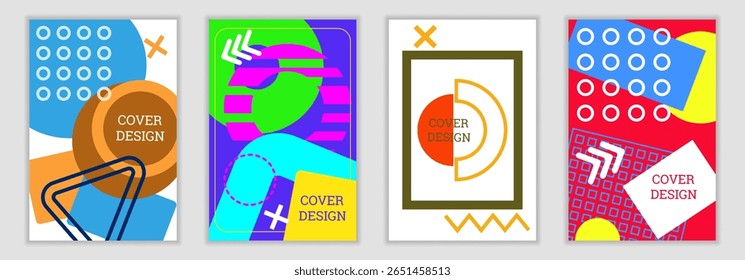 Fondo brillante en el estilo de Memphis. Conjunto de diseños de portada geométrica. Cubierta brillante de moda, Anuncio, cartel, folleto. Colores brillantes. Vector