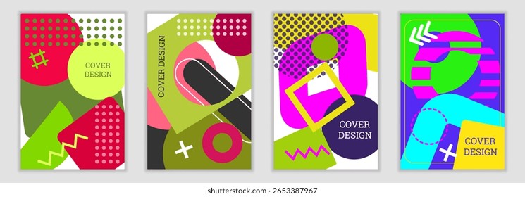 Fundo brilhante no estilo Memphis. Conjunto de designs de cobertura geométrica. Capa brilhante na moda, faixa, cartaz, livreto. Cores brilhantes. Vetor
