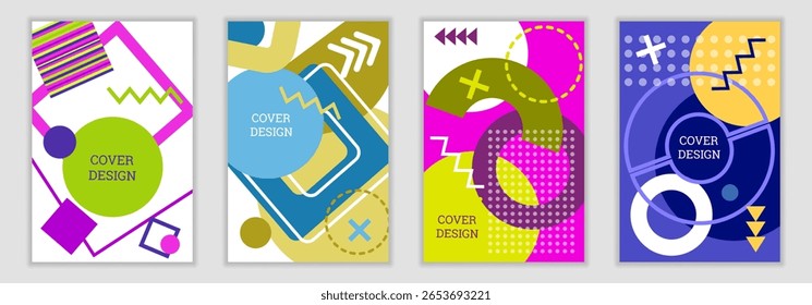 Fundo brilhante no estilo Memphis. Conjunto de designs de cobertura geométrica. Capa brilhante na moda, faixa, cartaz, livreto. Cores brilhantes. Vetor