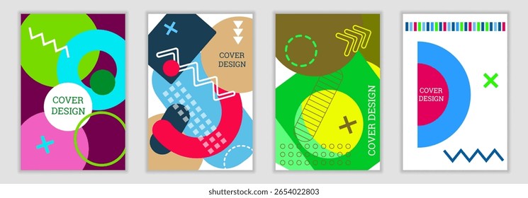 Fondo brillante en el estilo de Memphis. Conjunto de diseños de portada geométrica. Cubierta brillante de moda, Anuncio, cartel, folleto. Colores brillantes. Vector