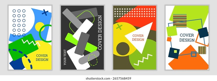Bright background in Memphis style. Set of geometric cover designs. Fashionable bright cover, banner, poster, booklet. Bright colors. Vector