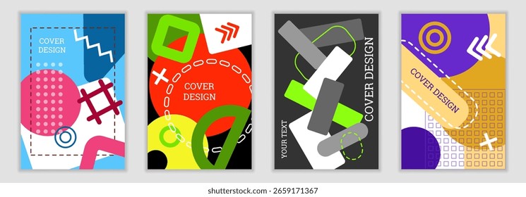 Fundo brilhante no estilo Memphis. Conjunto de designs de cobertura geométrica. Capa brilhante na moda, faixa, cartaz, livreto. Cores brilhantes. Vetor