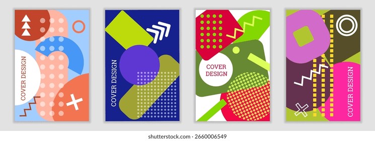Bright background in Memphis style. Set of geometric cover designs. Fashionable bright cover, banner, poster, booklet. Bright colors. Vector