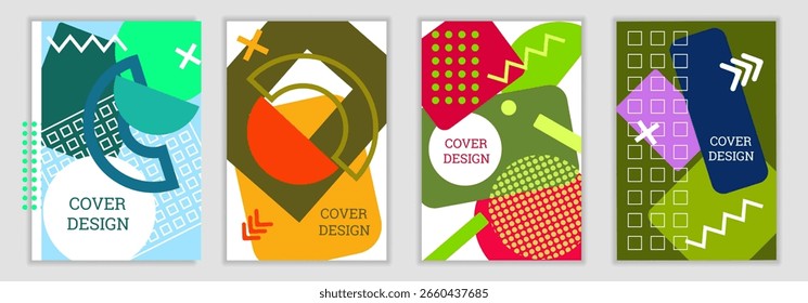 Fundo brilhante no estilo Memphis. Conjunto de designs de cobertura geométrica. Capa brilhante na moda, faixa, cartaz, livreto. Cores brilhantes. Vetor