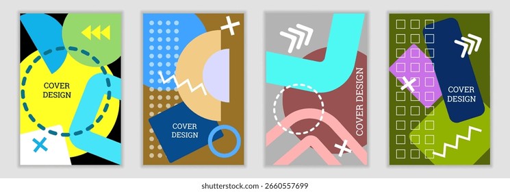 Bright background in Memphis style. Set of geometric cover designs. Fashionable bright cover, banner, poster, booklet. Bright colors. Vector