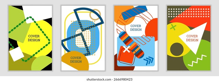 Heller Hintergrund im Memphis-Stil. Satz von geometrischen Abdeckungsdesigns. Modische helle Abdeckung, Banner, Poster, Broschüre. Helle Farben. Vektorgrafik