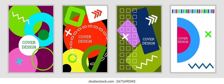 Fundo brilhante no estilo Memphis. Conjunto de 4 projetos de cobertura geométrica. Capa brilhante na moda, faixa, cartaz, livreto. Cores brilhantes. Ilustração vetorial